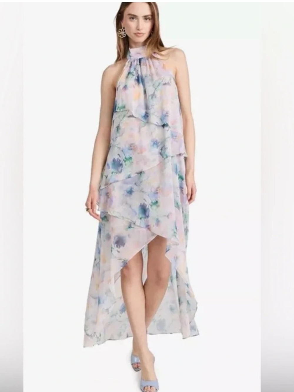 MISA Los Angeles Victorian Watercolor High-Low Chiffon Pastel High Neck Dress